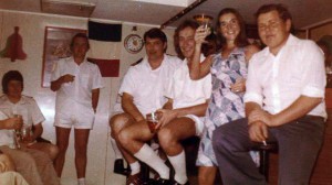 London Bombardier Xmas 1974 L-R E/O Carmichael, R/O Steve Melton, C/O Dave Prosser, 2/E George Cowen, Mrs Cowen, Unknown