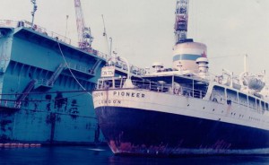 Note on the left picture above the ships name on the stern - a sign - 'Long Vehicle ON TOW' another sign was placed on the stern after the repairs 'Running In Please Pass'